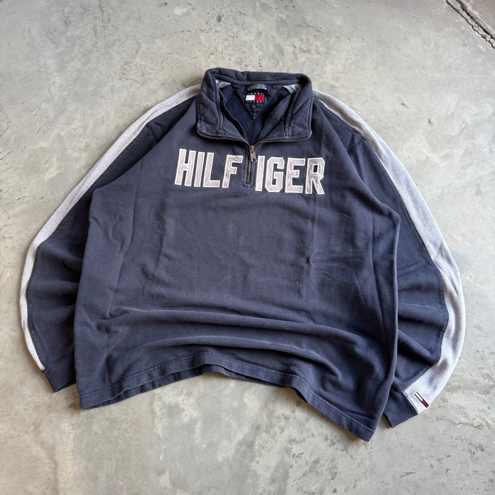 Tommy Jeans Mens XL Quarter Zip Sweatshirt Navy Blue Hilfiger Spellout Stripe